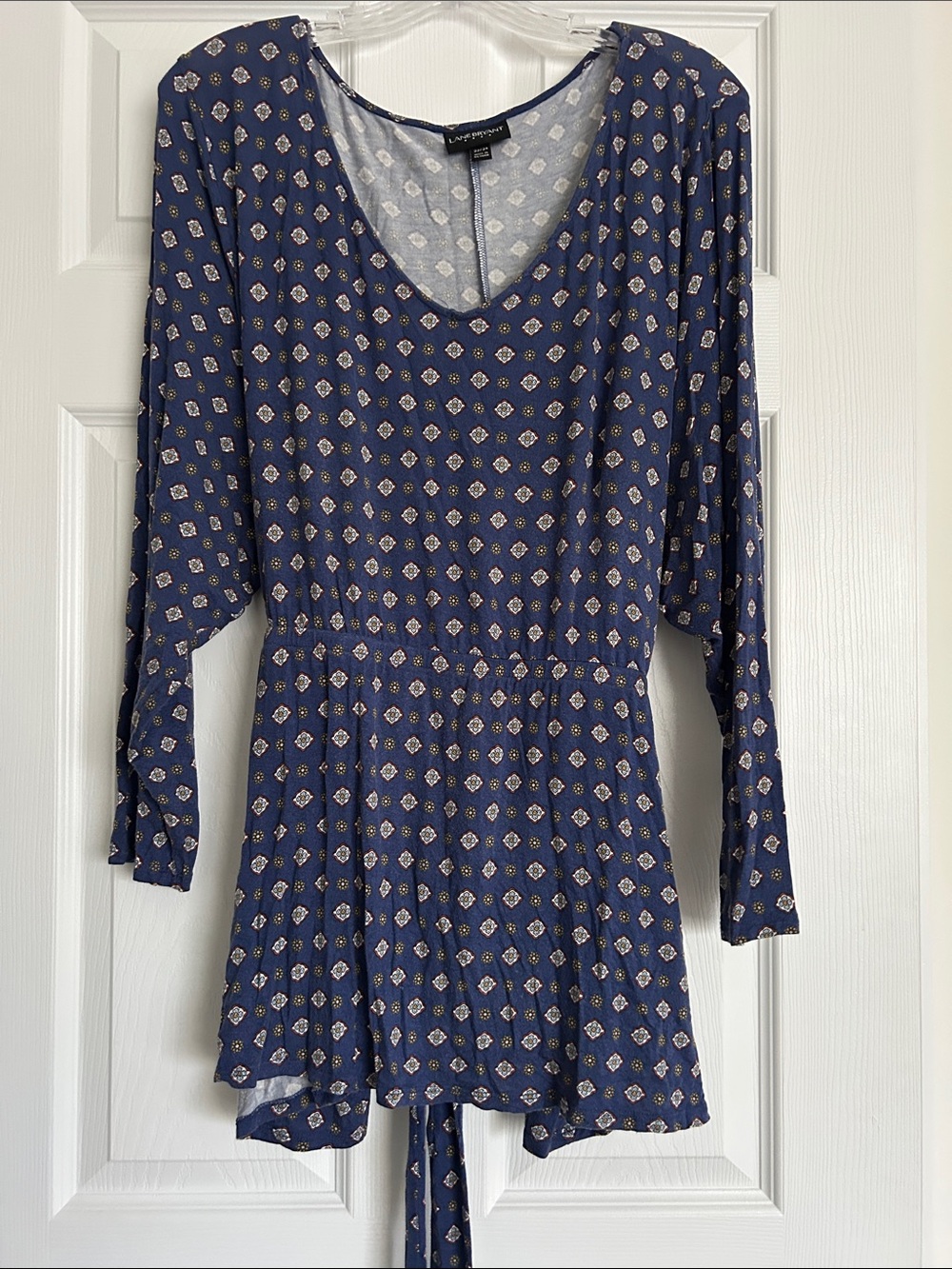 Navy Blue Patterned V-Neck Long Sleeve Tunic